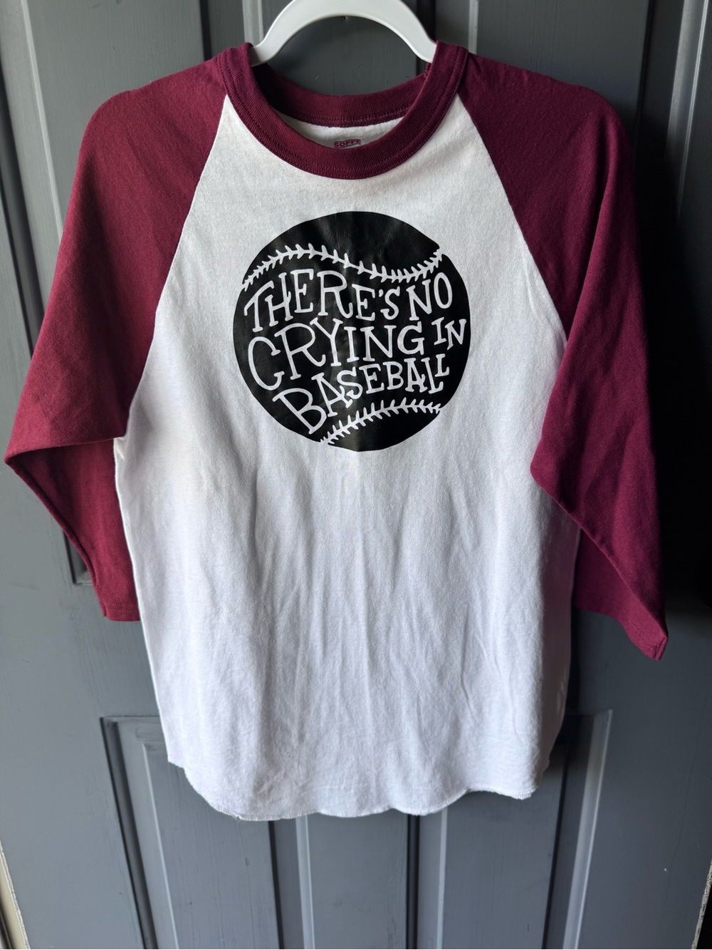 Soffe White Baseball Raglan Tee with Maroon Sleeves